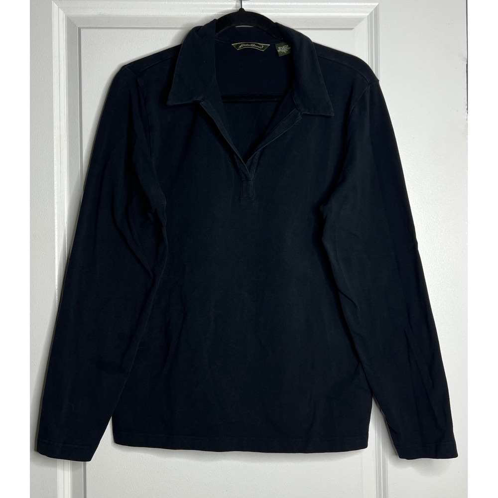 Eddie Bauer Mens Black Long Sleeve Polo Shirt Size Large Tall Cotton Blend
